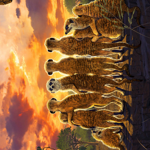 Darstellung des Puzzle Motivs Meerkatzenfamilie bei Sonnenuntergang - Vincent Hie Meerkat Family Sunset - Vincent Hie 500 Puzzle 3D Modell