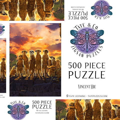 Darstellung des Puzzle Motivs Meerkatzenfamilie bei Sonnenuntergang - Vincent Hie Meerkat Family Sunset - Vincent Hie 500 Puzzle Schachtel 3D Modell