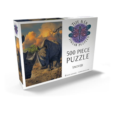 Darstellung des Puzzle Motivs Rhino Stand Off - Vincent Hie Rhino Stand Off - Vincent Hie 500 Puzzle Schachtel Ansicht2