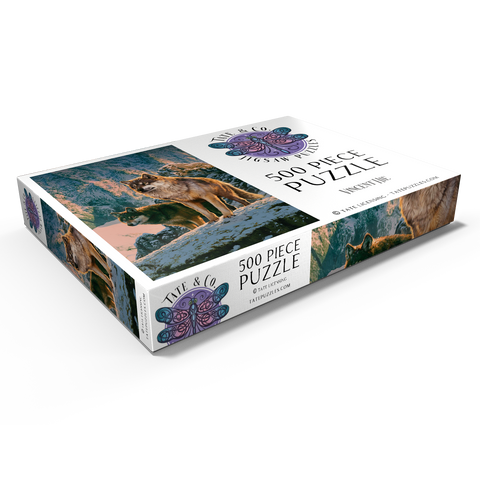 Darstellung des Puzzle Motivs Wolfspaar im Sonnenuntergang - Vincent Hie Wolf Couple in Sunset - Vincent Hie 500 Puzzle Schachtel Ansicht1