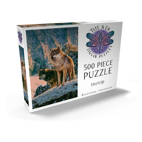 Darstellung des Puzzle Motivs Wolfspaar im Sonnenuntergang - Vincent Hie Wolf Couple in Sunset - Vincent Hie 500 Puzzle Schachtel Ansicht2