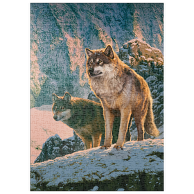 Darstellung des Puzzle-Motivs Wolfspaar im Sonnenuntergang - Vincent Hie – Puzzleteile: 500