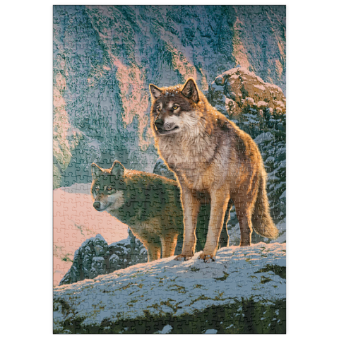 Darstellung des Puzzle Motivs Wolfspaar im Sonnenuntergang - Vincent Hie puzzleplate Wolf Couple in Sunset - Vincent Hie 500 Puzzle