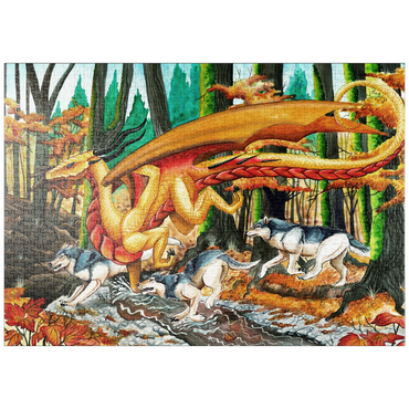 Darstellung des Puzzle Motivs puzzleplate Running Free Dragon with Wolves - Carla Morrow 1000 Puzzle
