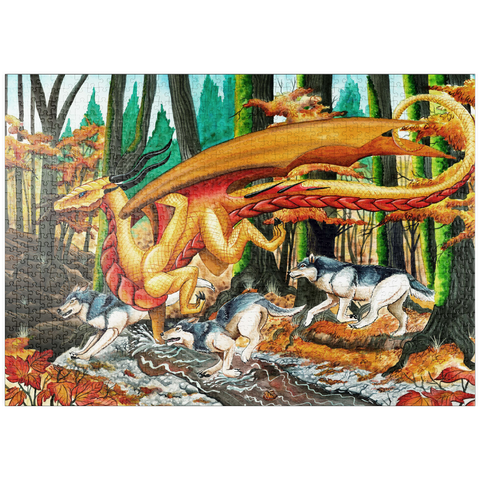 Darstellung des Puzzle Motivs Running Free Dragon with Wolves - Carla Morrow puzzleplate Running Free Dragon with Wolves - Carla Morrow 1000 Puzzle