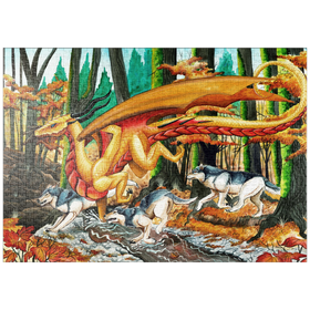 Darstellung des Puzzle Motivs Running Free Dragon with Wolves - Carla Morrow - Puzzleteile: 1000