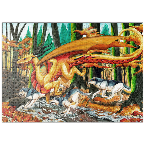 Darstellung des Puzzle Motivs Running Free Dragon with Wolves - Carla Morrow puzzleplate Running Free Dragon with Wolves - Carla Morrow 500 Puzzle