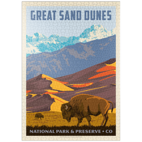 Darstellung des Puzzle-Motivs Great Sand Dunes National Park: Bison, Vintage Poster – Puzzleteile: 1000