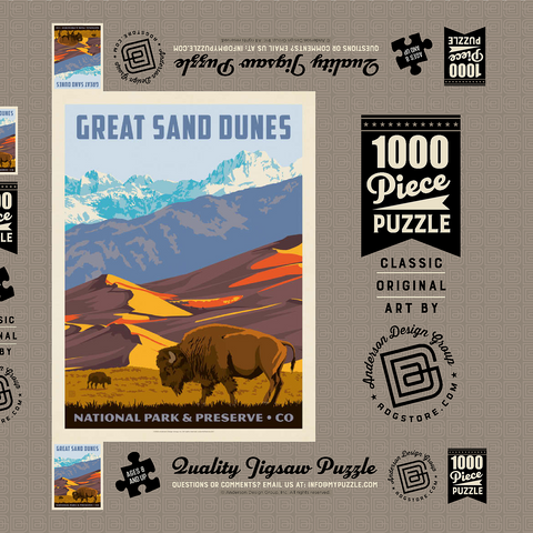 Darstellung des Puzzle Motivs Great Sand Dunes National Park: Bison, Vintage Poster Great Sand Dunes National Park: Bison, Vintage Poster 1000 Puzzle Schachtel 3D Modell