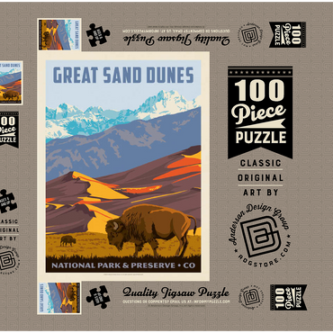 Darstellung des Puzzle Motivs Great Sand Dunes National Park: Bison, Vintage Poster 100 Puzzle Schachtel 3D Modell