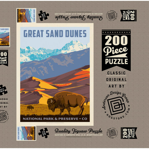 Darstellung des Puzzle Motivs Great Sand Dunes National Park: Bison, Vintage Poster Great Sand Dunes National Park: Bison, Vintage Poster 200 Puzzle Schachtel 3D Modell