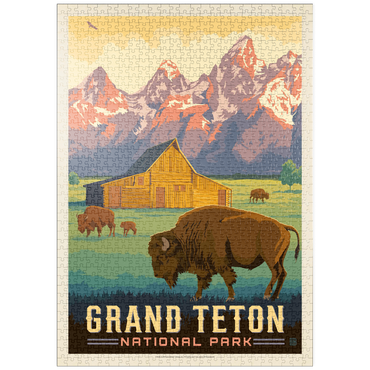 Darstellung des Puzzle Motivs puzzleplate Grand Teton National Park: Bison & Barn, Vintage Poster 1000 Puzzle