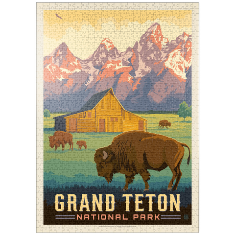 Darstellung des Puzzle Motivs Grand-Teton-Nationalpark: Bisons und Scheune, Vintage Poster puzzleplate Grand Teton National Park: Bison & Barn, Vintage Poster 1000 Puzzle