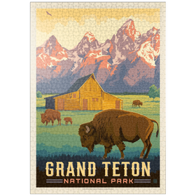 Darstellung des Puzzle Motivs Grand-Teton-Nationalpark: Bisons und Scheune, Vintage Poster - Puzzleteile: 1000