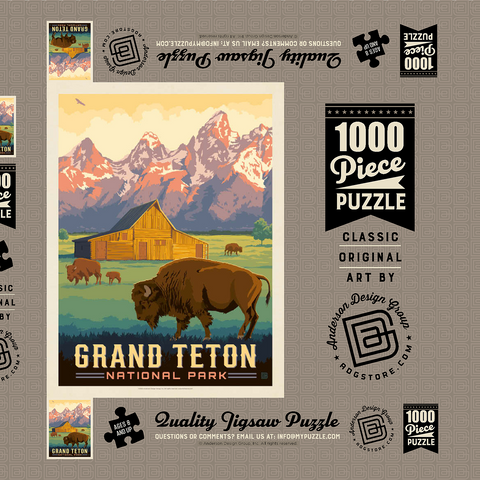 Darstellung des Puzzle Motivs Grand-Teton-Nationalpark: Bisons und Scheune, Vintage Poster Grand Teton National Park: Bison & Barn, Vintage Poster 1000 Puzzle Schachtel 3D Modell
