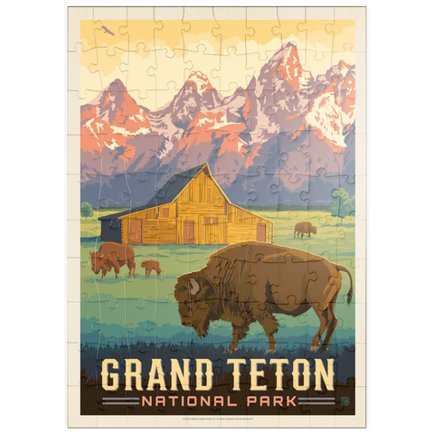 Darstellung des Puzzle Motivs Grand-Teton-Nationalpark: Bisons und Scheune, Vintage Poster puzzleplate Grand Teton National Park: Bison & Barn, Vintage Poster 100 Puzzle