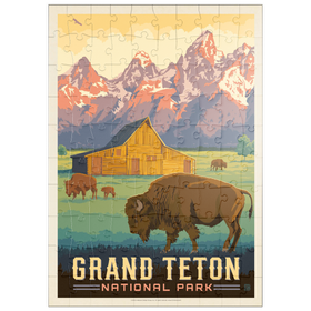 Darstellung des Puzzle Motivs Grand-Teton-Nationalpark: Bisons und Scheune, Vintage Poster - Puzzleteile: 100
