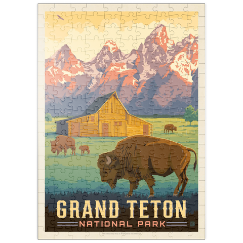 Darstellung des Puzzle Motivs Grand-Teton-Nationalpark: Bisons und Scheune, Vintage Poster puzzleplate Grand Teton National Park: Bison & Barn, Vintage Poster 200 Puzzle