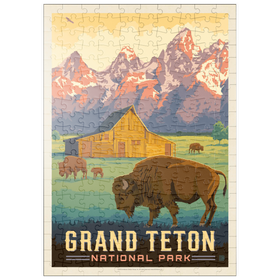 Darstellung des Puzzle Motivs Grand-Teton-Nationalpark: Bisons und Scheune, Vintage Poster - Puzzleteile: 200