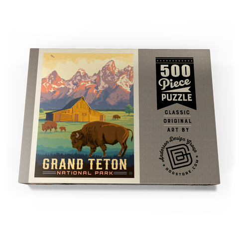 Darstellung des Puzzle Motivs Grand-Teton-Nationalpark: Bisons und Scheune, Vintage Poster Grand Teton National Park: Bison & Barn, Vintage Poster 500 Puzzle Schachtel Ansicht3