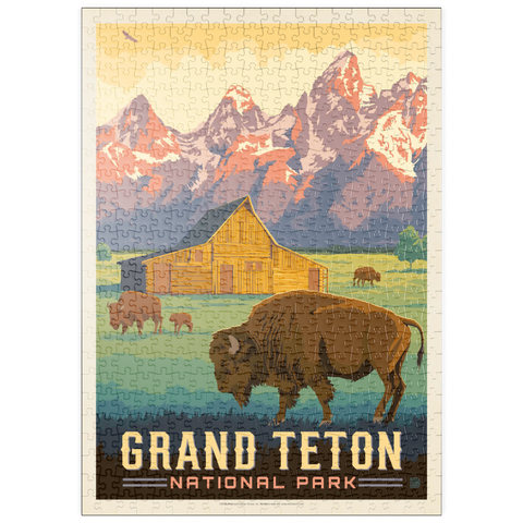 Darstellung des Puzzle Motivs Grand-Teton-Nationalpark: Bisons und Scheune, Vintage Poster puzzleplate Grand Teton National Park: Bison & Barn, Vintage Poster 500 Puzzle