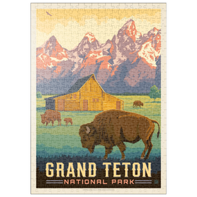 Darstellung des Puzzle Motivs Grand-Teton-Nationalpark: Bisons und Scheune, Vintage Poster - Puzzleteile: 500