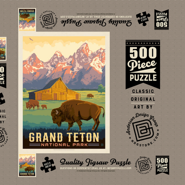 Darstellung des Puzzle Motivs Grand Teton National Park: Bison & Barn, Vintage Poster 500 Puzzle Schachtel 3D Modell