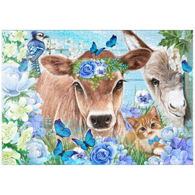 Darstellung des Puzzle-Motivs Blaue Blütenfreunde Kuh Esel Katze - Sheena Pike – Puzzleteile: 1000