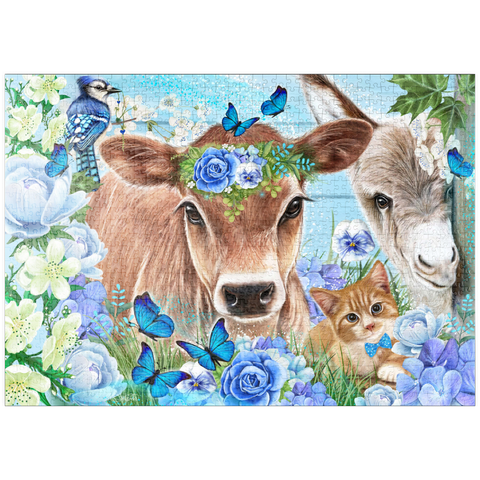 Darstellung des Puzzle Motivs Blaue Blütenfreunde Kuh Esel Katze - Sheena Pike puzzleplate Blue Blossom Buddies Cow Donkey Cat - Sheena Pike 1000 Puzzle