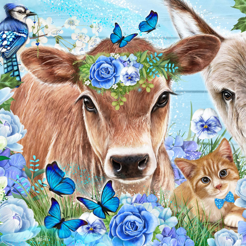 Darstellung des Puzzle Motivs Blaue Blütenfreunde Kuh Esel Katze - Sheena Pike Blue Blossom Buddies Cow Donkey Cat - Sheena Pike 1000 Puzzle 3D Modell