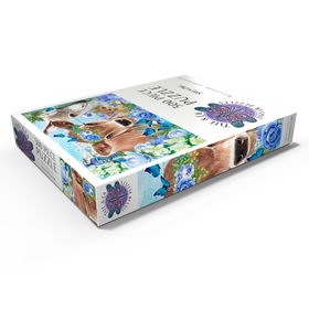 Darstellung des Puzzle Motivs Blaue Blütenfreunde Kuh Esel Katze - Sheena Pike - Puzzleteile: 500