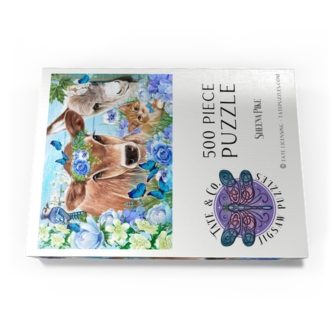Darstellung des Puzzle Motivs Blaue Blütenfreunde Kuh Esel Katze - Sheena Pike Blue Blossom Buddies Cow Donkey Cat - Sheena Pike 500 Puzzle Schachtel Ansicht3
