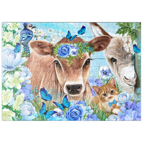 Darstellung des Puzzle Motivs Blaue Blütenfreunde Kuh Esel Katze - Sheena Pike puzzleplate Blue Blossom Buddies Cow Donkey Cat - Sheena Pike 500 Puzzle