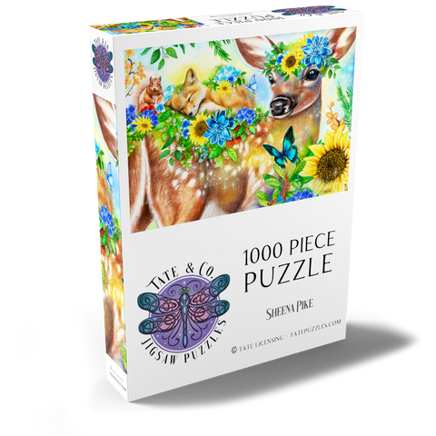 Darstellung des Puzzle Motivs Waldreh und Freunde Fuchs Eichhörnchen - Sheena Pike Forest Fawn and Friends Fox squirrel - Sheena Pike 1000 Puzzle Schachtel Ansicht2