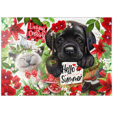 Darstellung des Puzzle Motivs puzzleplate Red Blossom Buddies Puppy Cat HummingBird - Sheena Pike 1000 Puzzle