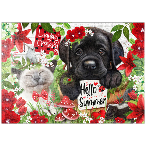 Darstellung des Puzzle Motivs Red Blossom Buddies Puppy Cat HummingBird - Sheena Pike puzzleplate Red Blossom Buddies Puppy Cat HummingBird - Sheena Pike 1000 Puzzle