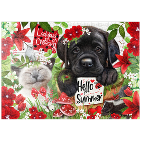 Darstellung des Puzzle Motivs Red Blossom Buddies Puppy Cat HummingBird - Sheena Pike - Puzzleteile: 1000