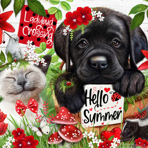 Darstellung des Puzzle Motivs Red Blossom Buddies Puppy Cat HummingBird - Sheena Pike Red Blossom Buddies Puppy Cat HummingBird - Sheena Pike 1000 Puzzle 3D Modell