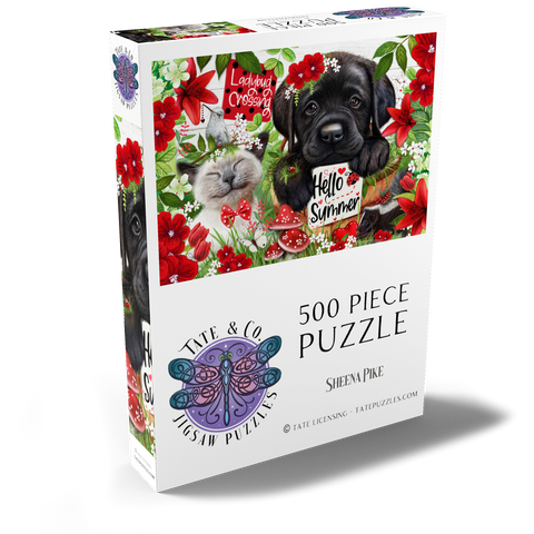 Darstellung des Puzzle Motivs Red Blossom Buddies Puppy Cat HummingBird - Sheena Pike Red Blossom Buddies Puppy Cat HummingBird - Sheena Pike 500 Puzzle Schachtel Ansicht2