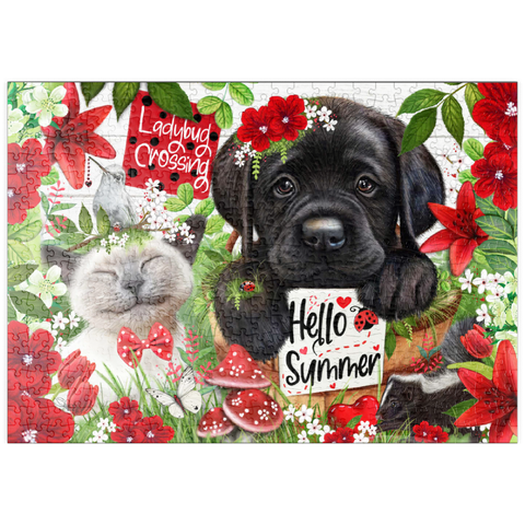 Darstellung des Puzzle Motivs Red Blossom Buddies Puppy Cat HummingBird - Sheena Pike puzzleplate Red Blossom Buddies Puppy Cat HummingBird - Sheena Pike 500 Puzzle