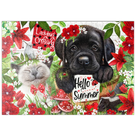 Darstellung des Puzzle Motivs Red Blossom Buddies Puppy Cat HummingBird - Sheena Pike - Puzzleteile: 500