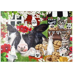 Darstellung des Puzzle-Motivs Kekse und Milch Kuh und Kätzchen - Sheena Pike – Puzzleteile: 1000