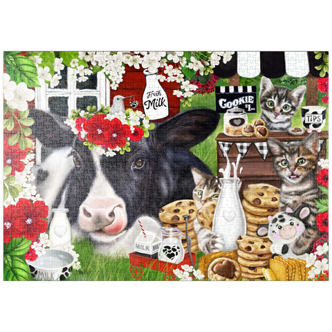 Darstellung des Puzzle Motivs Kekse und Milch Kuh und Kätzchen - Sheena Pike puzzleplate Cookies and Milk Cow and Kitties - Sheena Pike 1000 Puzzle