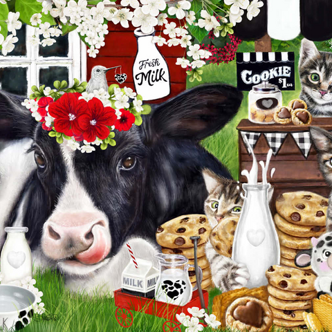 Darstellung des Puzzle Motivs Kekse und Milch Kuh und Kätzchen - Sheena Pike Cookies and Milk Cow and Kitties - Sheena Pike 500 Puzzle 3D Modell