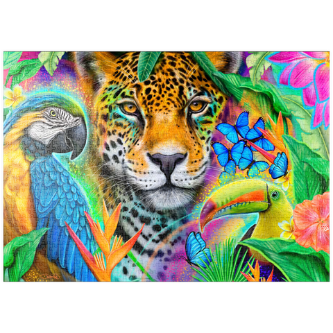 Darstellung des Puzzle Motivs Gesichter der Natur Ara Jaguar Tukan - Sheena Pike puzzleplate Faces of Nature Macaw Jaguar Toucan - Sheena Pike 1000 Puzzle
