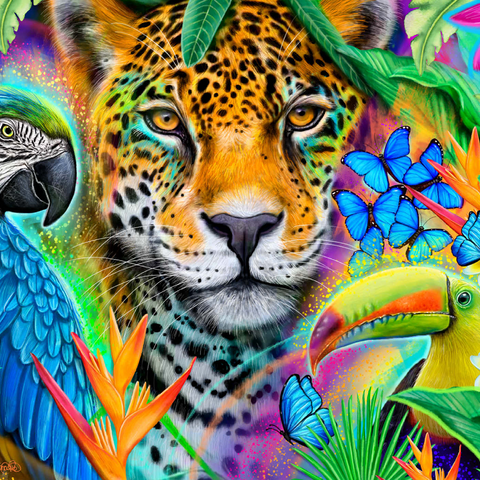 Darstellung des Puzzle Motivs Gesichter der Natur Ara Jaguar Tukan - Sheena Pike Faces of Nature Macaw Jaguar Toucan - Sheena Pike 1000 Puzzle 3D Modell
