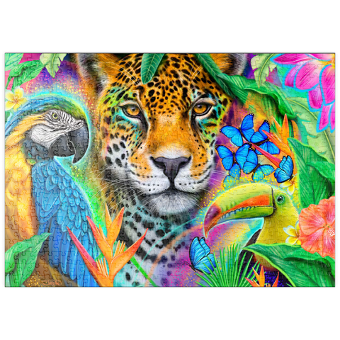 Darstellung des Puzzle Motivs Gesichter der Natur Ara Jaguar Tukan - Sheena Pike puzzleplate Faces of Nature Macaw Jaguar Toucan - Sheena Pike 500 Puzzle
