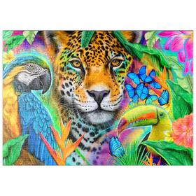 Darstellung des Puzzle Motivs Gesichter der Natur Ara Jaguar Tukan - Sheena Pike - Puzzleteile: 500