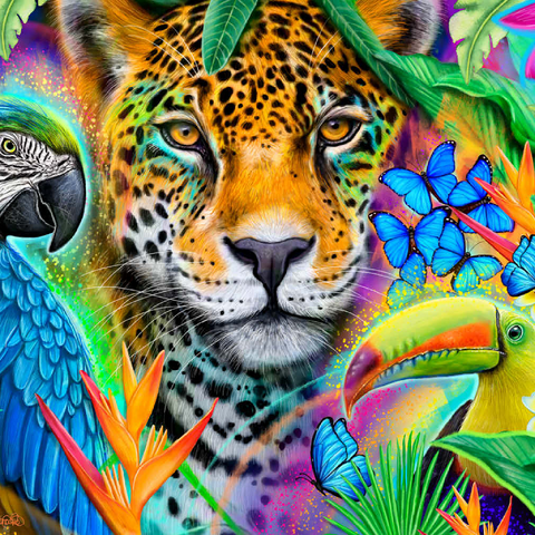Darstellung des Puzzle Motivs Gesichter der Natur Ara Jaguar Tukan - Sheena Pike Faces of Nature Macaw Jaguar Toucan - Sheena Pike 500 Puzzle 3D Modell