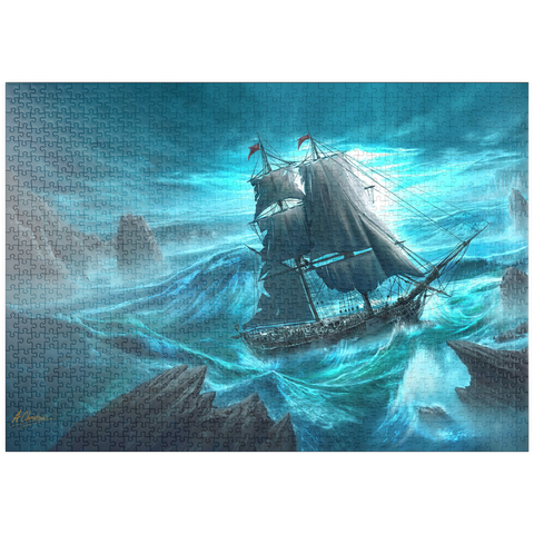 Darstellung des Puzzle Motivs Gefährliche See Piratenschiff - Anthony Christou puzzleplate Dangerous Seas Pirate Ship - Anthony Christou 1000 Puzzle